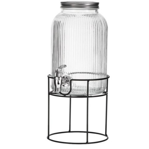 AD 6742 Słój do napojów z kranikiem 4l | szklany dyspenser z ryflowanym szkłem i metalowym stojakiem