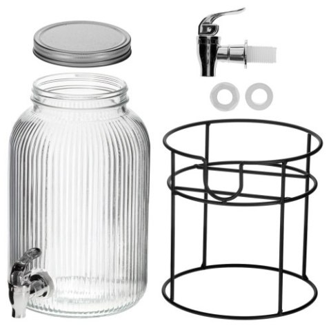 AD 6742 Słój do napojów z kranikiem 4l | szklany dyspenser z ryflowanym szkłem i metalowym stojakiem