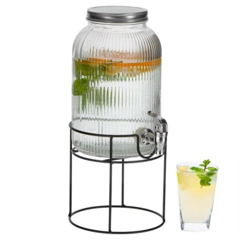 AD 6742 Słój do napojów z kranikiem 4l | szklany dyspenser z ryflowanym szkłem i metalowym stojakiem