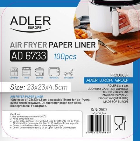 AD 6733 Papierowe wkłady do frytkownicy powietrznej | 100 szt. | 23 cm | do 240°c | biodegradowalne