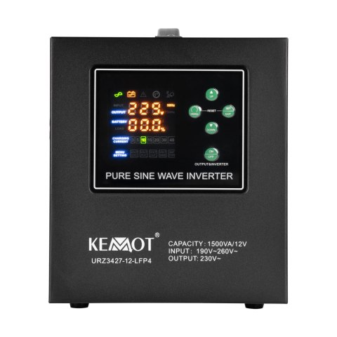 Zasilacz awaryjny KEMOT PROsinus-1500-LFP4 przetwornica z czystym przebiegiem sinusoidalnym i funkcją ładowania 12V 230V 1500V