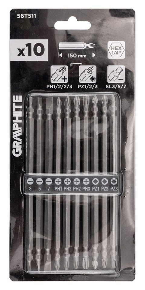 Zestaw długich bitów dwustronnych: SL3 /5/7, PH1 /2 /2 /3, PZ1/2/3 x 150 mm, 10 szt.