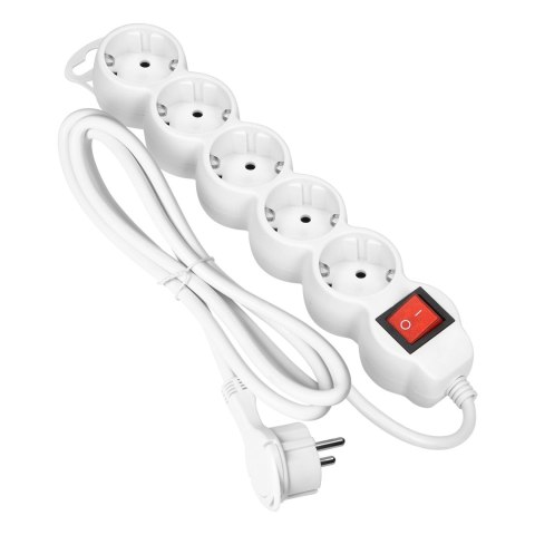 Przedłużacz 5-krotny 2P+Z (Schuko) z wyłącznikiem, 1,5m H05VV-F 3x1,5mm2, Imax=16A, płaska wtyczka, biały