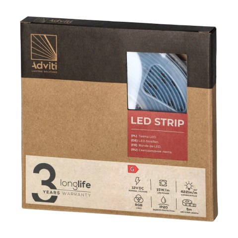 Taśma LED COB 12V, 840L/m, 422lm/m, 15W/m, IP20, RGB, 5m