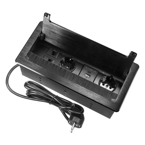 Gniazdo meblowe wpuszczane w blat z płaskim frezowanym rantem, szczotką przeciwkurzową i przewodem 1,5m, 2x2P+Z (Schuko), 2xUSB 