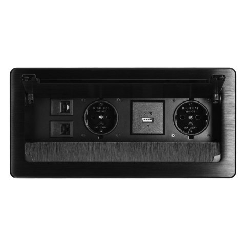 Gniazdo meblowe wpuszczane w blat z płaskim frezowanym rantem, szczotką przeciwkurzową i przewodem 1,5m, 2x2P+Z (Schuko), 2xUSB 