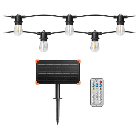 Solarna girlanda oświetleniowa - 1 sznur 10 m (10 opraw) + 10 żarówek LED 0,1W E27, 3000K + 1 żarówka gratis