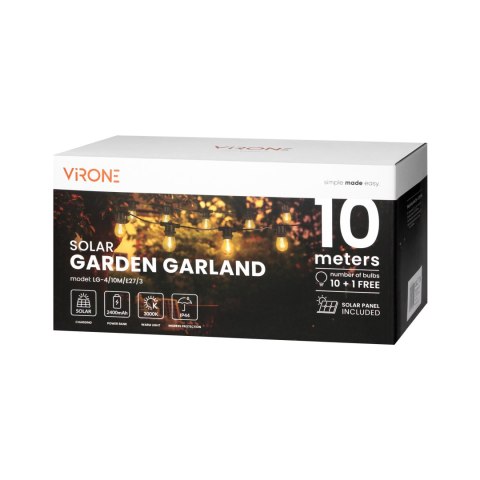 Solarna girlanda oświetleniowa - 1 sznur 10 m (10 opraw) + 10 żarówek LED 0,1W E27, 3000K + 1 żarówka gratis