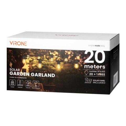 Solarna girlanda oświetleniowa - 1 sznur 20 m (20 opraw) + 20 żarówek LED 0,1W E27, 3000K + 1 żarówka gratis