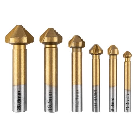Wiertła fazujące stożkowe pogłębiacze TiN, 6.3 - 20.5 mm, zestaw 6 szt. Wiertła fazujące stożkowe pogłębiacze TiN, 6.3 - 20.5 mm, zestaw 6 szt.