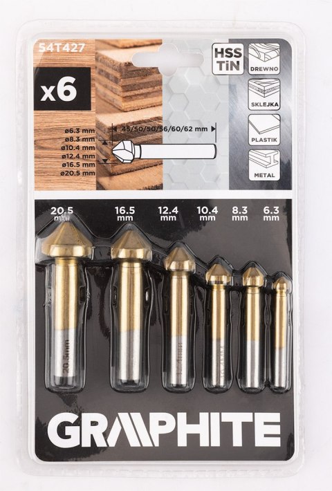 Wiertła fazujące stożkowe pogłębiacze TiN, 6.3 - 20.5 mm, zestaw 6 szt. Wiertła fazujące stożkowe pogłębiacze TiN, 6.3 - 20.5 mm, zestaw 6 szt.