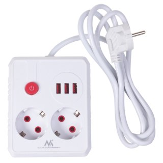 Listwa zasilająca Maclean, przedłużacz 2 gniazda + 3xUSB, 110-240V AC 50/60Hz, 2.1A max 2500W, 1.5m, biała, MCE387 W