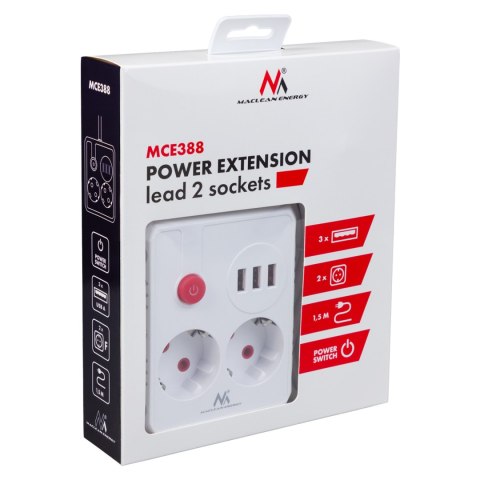 Listwa zasilająca Maclean, przedłużacz 2 gniazda + 3xUSB, 110-240V AC 50/60Hz, 2.1A max 2500W, 1.5m, biała, MCE387 W