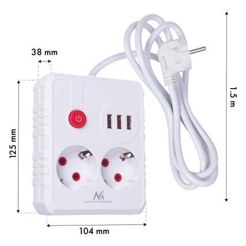 Listwa zasilająca Maclean, przedłużacz 2 gniazda + 3xUSB, 110-240V AC 50/60Hz, 2.1A max 2500W, 1.5m, biała, MCE387 W
