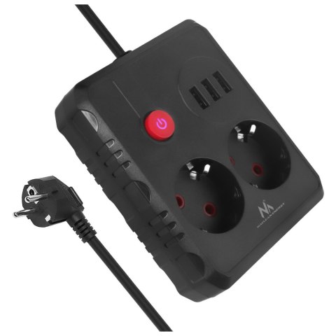 Listwa zasilająca Maclean, przedłużacz 2 gniazda + 3xUSB, 110-240V AC 50/60Hz, 2.1A max 2500W, 1.5m, czarna, MCE387 B
