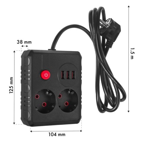 Listwa zasilająca Maclean, przedłużacz 2 gniazda + 3xUSB, 110-240V AC 50/60Hz, 2.1A max 2500W, 1.5m, czarna, MCE387 B