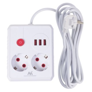 Listwa zasilająca Maclean, przedłużacz 2 gniazda + 3xUSB, 110-240V AC 50/60Hz, 2.1A max 2500W, 3 m, biała, MCE388 W