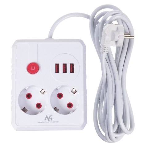 Listwa zasilająca Maclean, przedłużacz 2 gniazda + 3xUSB, 110-240V AC 50/60Hz, 2.1A max 2500W, 3 m, biała, MCE388 W