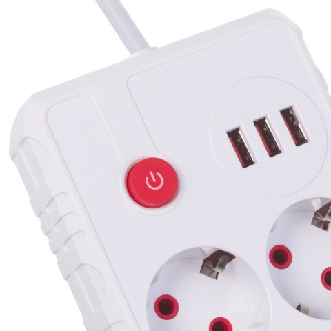 Listwa zasilająca Maclean, przedłużacz 2 gniazda + 3xUSB, 110-240V AC 50/60Hz, 2.1A max 2500W, 3 m, biała, MCE388 W
