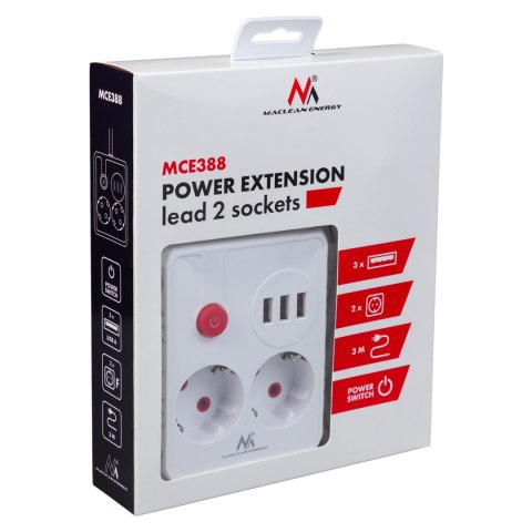 Listwa zasilająca Maclean, przedłużacz 2 gniazda + 3xUSB, 110-240V AC 50/60Hz, 2.1A max 2500W, 3 m, biała, MCE388 W