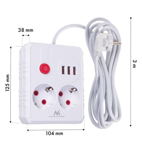 Listwa zasilająca Maclean, przedłużacz 2 gniazda + 3xUSB, 110-240V AC 50/60Hz, 2.1A max 2500W, 3 m, biała, MCE388 W