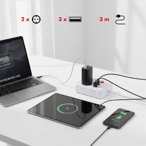 Listwa zasilająca Maclean, przedłużacz 2 gniazda + 3xUSB, 110-240V AC 50/60Hz, 2.1A max 2500W, 3 m, biała, MCE388 W
