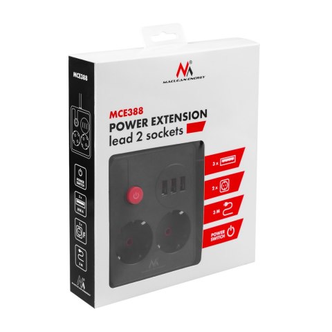 Listwa zasilająca Maclean, przedłużacz 2 gniazda + 3xUSB, 110-240V AC 50/60Hz, 2.1A max 2500W, 3 m, czarna, MCE388 B