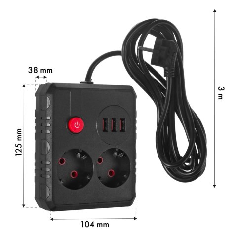 Listwa zasilająca Maclean, przedłużacz 2 gniazda + 3xUSB, 110-240V AC 50/60Hz, 2.1A max 2500W, 3 m, czarna, MCE388 B