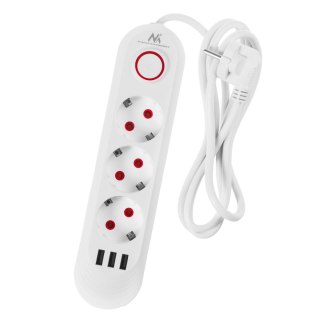 Listwa zasilająca Maclean, przedłużacz 3gniazda + 3xUSB, 110-240V AC 50/60Hz, 2.1A max 2500W, 1,5m, biała ,MCE394 W