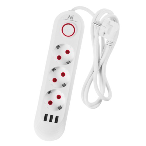 Listwa zasilająca Maclean, przedłużacz 3gniazda + 3xUSB, 110-240V AC 50/60Hz, 2.1A max 2500W, 1,5m, biała ,MCE394 W