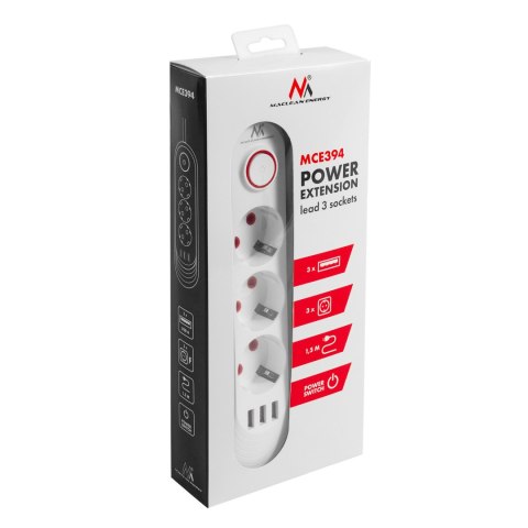 Listwa zasilająca Maclean, przedłużacz 3gniazda + 3xUSB, 110-240V AC 50/60Hz, 2.1A max 2500W, 1,5m, biała ,MCE394 W