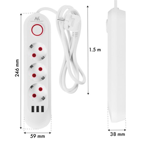 Listwa zasilająca Maclean, przedłużacz 3gniazda + 3xUSB, 110-240V AC 50/60Hz, 2.1A max 2500W, 1,5m, biała ,MCE394 W