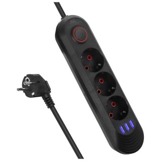 Listwa zasilająca Maclean, przedłużacz 3gniazda + 3xUSB, 110-240V AC 50/60Hz, 2.1A max 2500W, 1,5m, czarna ,MCE394 B
