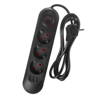 Listwa zasilająca Maclean, przedłużacz 3gniazda + 3xUSB, 110-240V AC 50/60Hz, 2.1A max 2500W, 1,5m, czarna ,MCE394 B