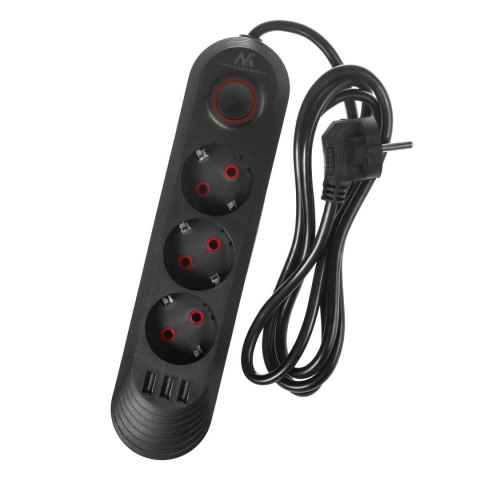 Listwa zasilająca Maclean, przedłużacz 3gniazda + 3xUSB, 110-240V AC 50/60Hz, 2.1A max 2500W, 1,5m, czarna ,MCE394 B