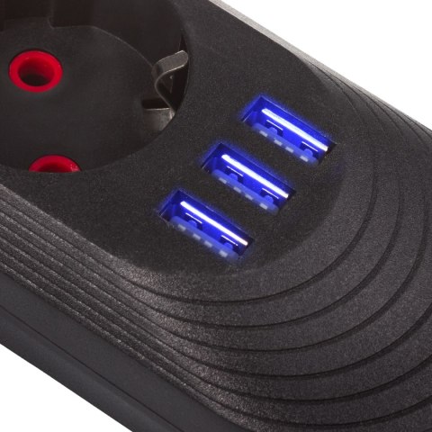 Listwa zasilająca Maclean, przedłużacz 3gniazda + 3xUSB, 110-240V AC 50/60Hz, 2.1A max 2500W, 1,5m, czarna ,MCE394 B