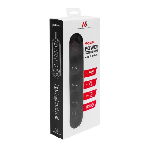 Listwa zasilająca Maclean, przedłużacz 3gniazda + 3xUSB, 110-240V AC 50/60Hz, 2.1A max 2500W, 1,5m, czarna ,MCE394 B
