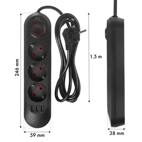 Listwa zasilająca Maclean, przedłużacz 3gniazda + 3xUSB, 110-240V AC 50/60Hz, 2.1A max 2500W, 1,5m, czarna ,MCE394 B