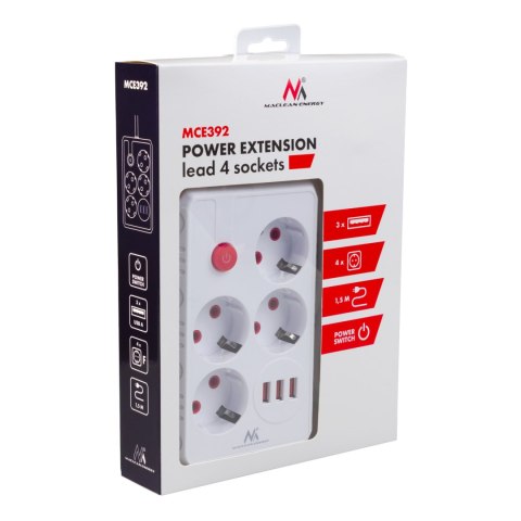 Listwa zasilająca Maclean, przedłużacz 4 gniazda + 3xUSB, 110-240V AC 50/60Hz, 2.1A max 2500W, 1,5m, biała,MCE392 W