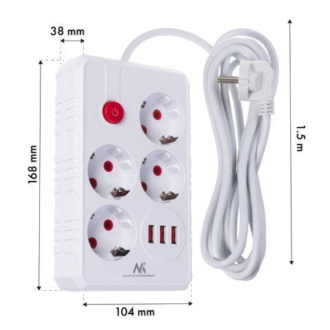 Listwa zasilająca Maclean, przedłużacz 4 gniazda + 3xUSB, 110-240V AC 50/60Hz, 2.1A max 2500W, 1,5m, biała,MCE392 W