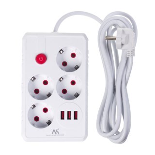 Listwa zasilająca Maclean, przedłużacz 4 gniazda + 3xUSB, 110-240V AC 50/60Hz, 2.1A max 2500W, 3m, biała,MCE393 W