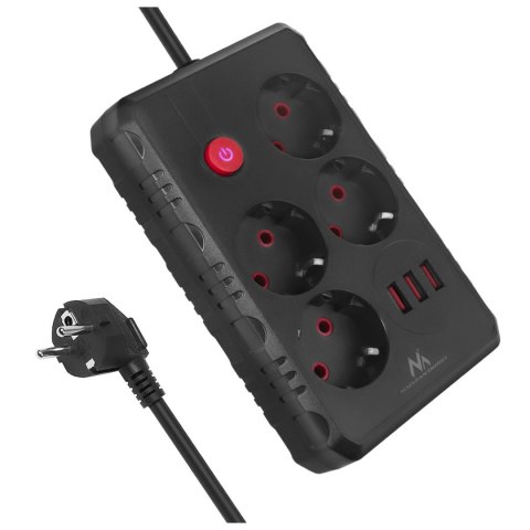 Listwa zasilająca Maclean, przedłużacz 4 gniazda + 3xUSB, 110-240V AC 50/60Hz, 2.1A max 2500W, 3m, czarna ,MCE393 B