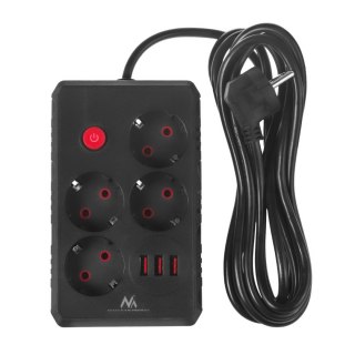Listwa zasilająca Maclean, przedłużacz 4 gniazda + 3xUSB, 110-240V AC 50/60Hz, 2.1A max 2500W, 3m, czarna ,MCE393 B