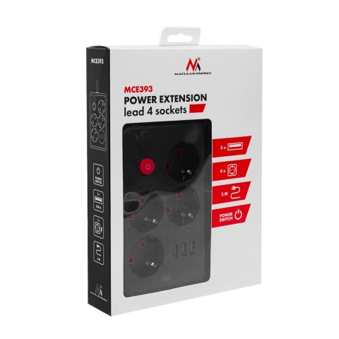 Listwa zasilająca Maclean, przedłużacz 4 gniazda + 3xUSB, 110-240V AC 50/60Hz, 2.1A max 2500W, 3m, czarna ,MCE393 B