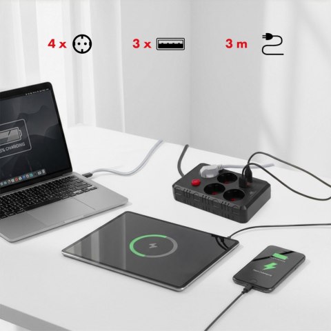 Listwa zasilająca Maclean, przedłużacz 4 gniazda + 3xUSB, 110-240V AC 50/60Hz, 2.1A max 2500W, 3m, czarna ,MCE393 B