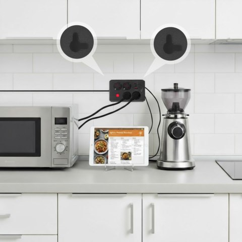 Listwa zasilająca Maclean, przedłużacz 4 gniazda + 3xUSB, 110-240V AC 50/60Hz, 2.1A max 2500W, 3m, czarna ,MCE393 B