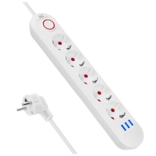 Listwa zasilająca Maclean, przedłużacz 5 gniazd + 3xUSB, 110-240V AC 50/60Hz, 2.1A max 2500W, 1,5m, biała ,MCE395 W