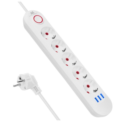 Listwa zasilająca Maclean, przedłużacz 5 gniazd + 3xUSB, 110-240V AC 50/60Hz, 2.1A max 2500W, 1,5m, biała ,MCE395 W