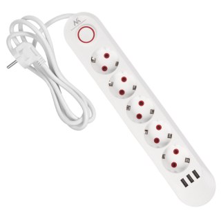 Listwa zasilająca Maclean, przedłużacz 5 gniazd + 3xUSB, 110-240V AC 50/60Hz, 2.1A max 2500W, 1,5m, biała ,MCE395 W