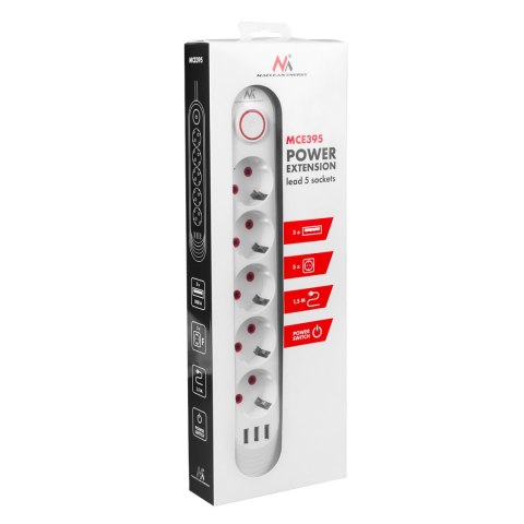 Listwa zasilająca Maclean, przedłużacz 5 gniazd + 3xUSB, 110-240V AC 50/60Hz, 2.1A max 2500W, 1,5m, biała ,MCE395 W
